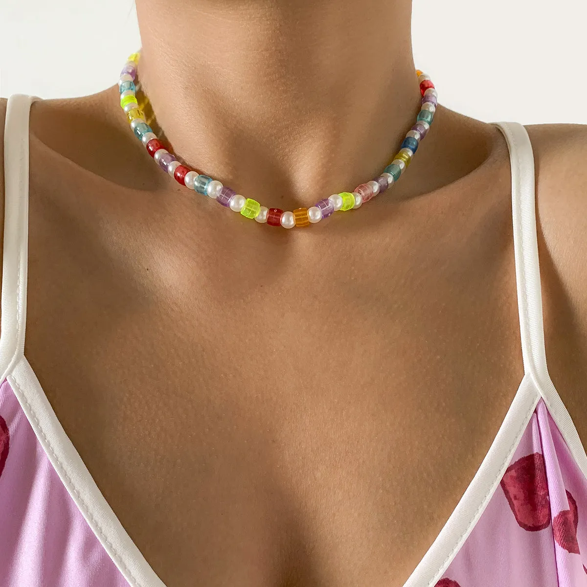 White Pearl & Multicolor Acrylic 18K Gold-Plated Choker