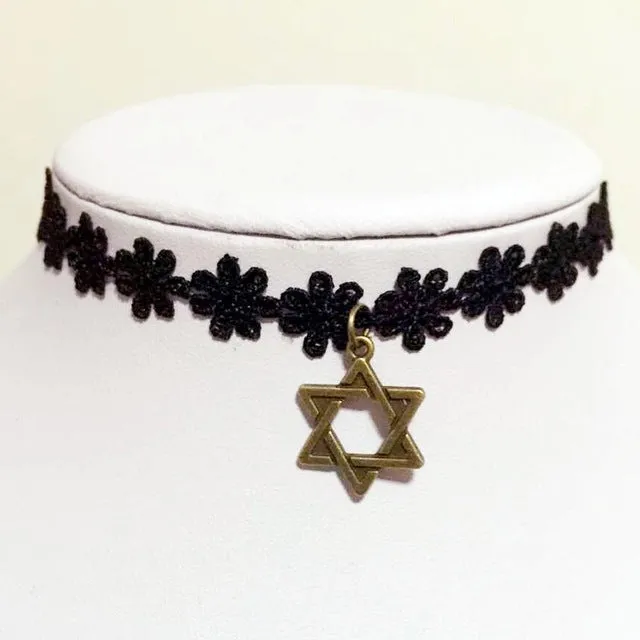Women Necklaces Vintage Stretch Lace Tattoo Choker Necklace Gothic Punk Grunge Henna Elastic with Choker Pendant