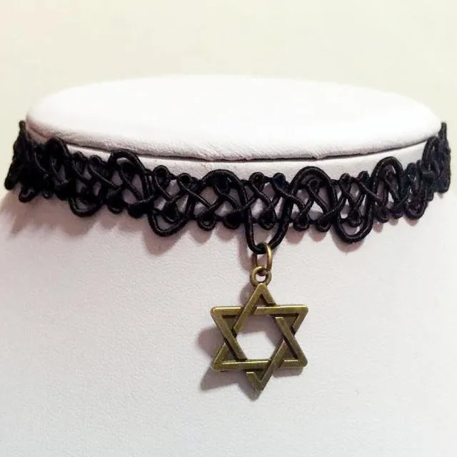 Women Necklaces Vintage Stretch Lace Tattoo Choker Necklace Gothic Punk Grunge Henna Elastic with Choker Pendant