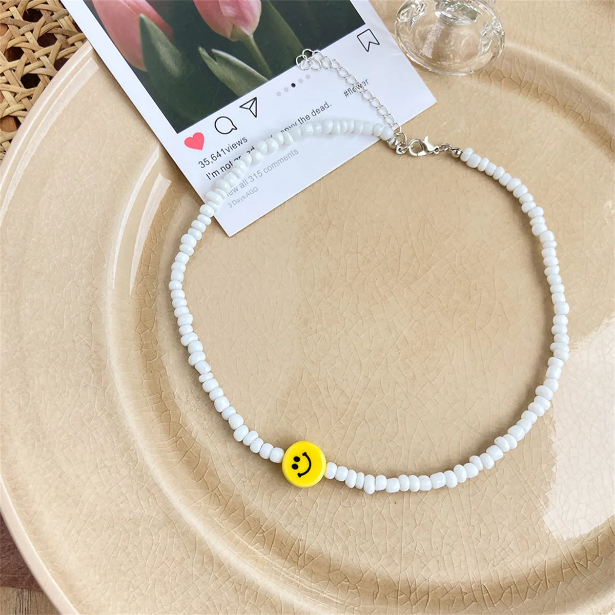 Yellow & White Howlite Smiley Face Beaded Necklace