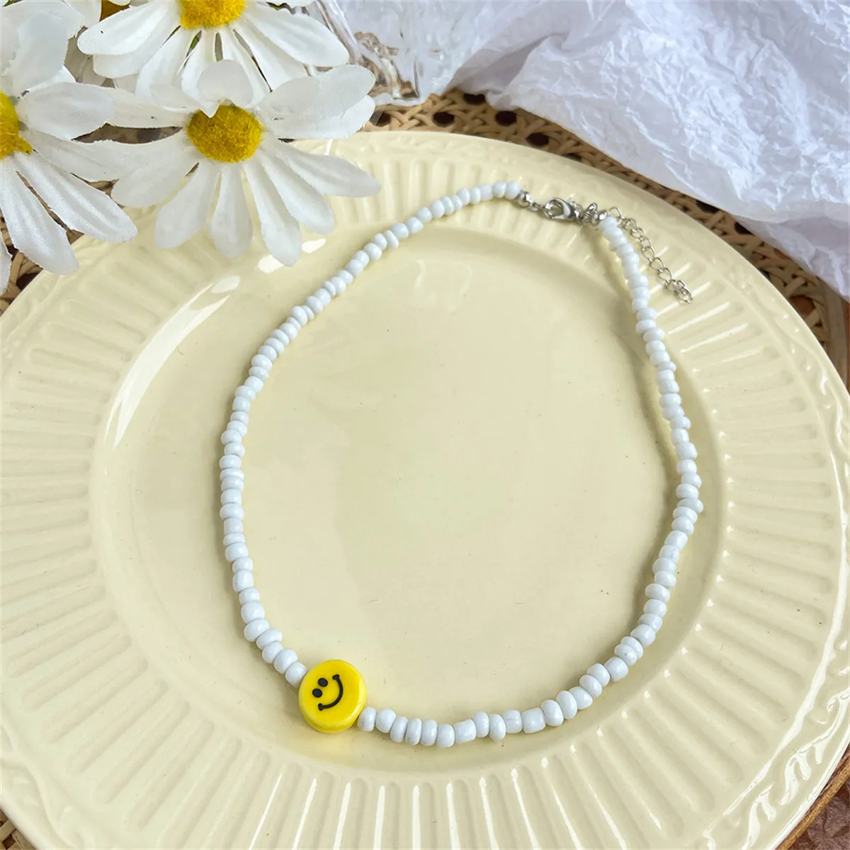 Yellow & White Howlite Smiley Face Beaded Necklace