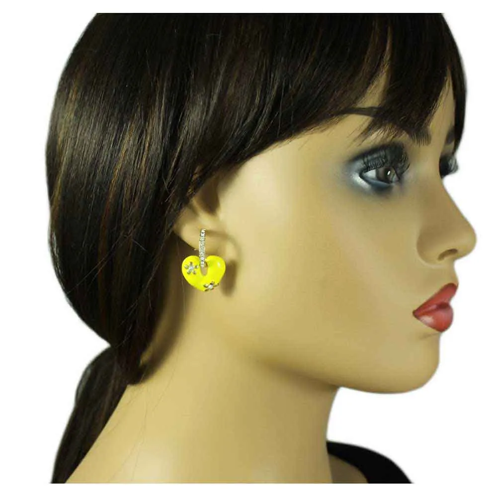 Yellow Enamel Heart with Crystal Hoop Pierced Earring - REE406YW