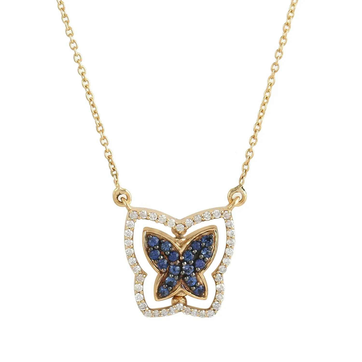 Yellow Gold Pave Blue Sapphire & Black White Diamond Butterfly Twisted Choker Necklace