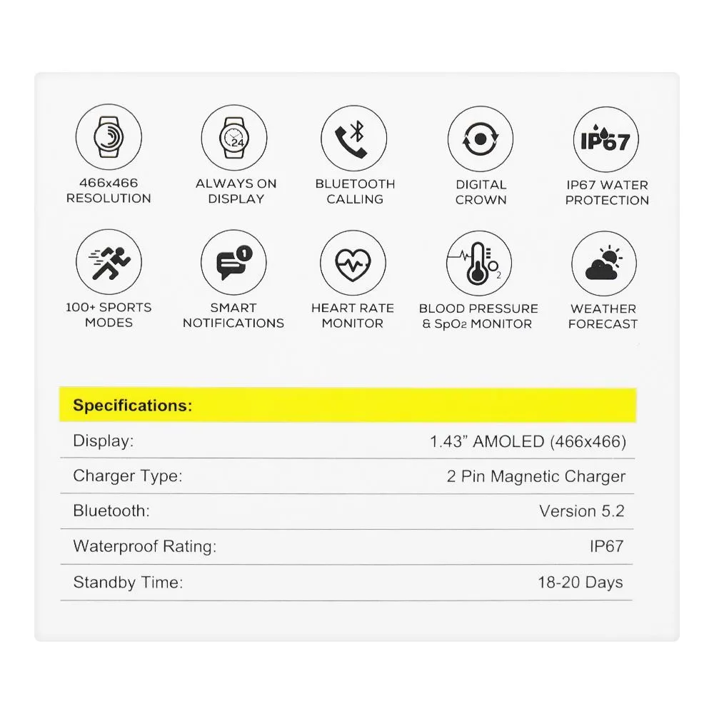 Yolo 1.43" Super Amoled Display Legend Smart Watch, IP67 Water Resistance, Black